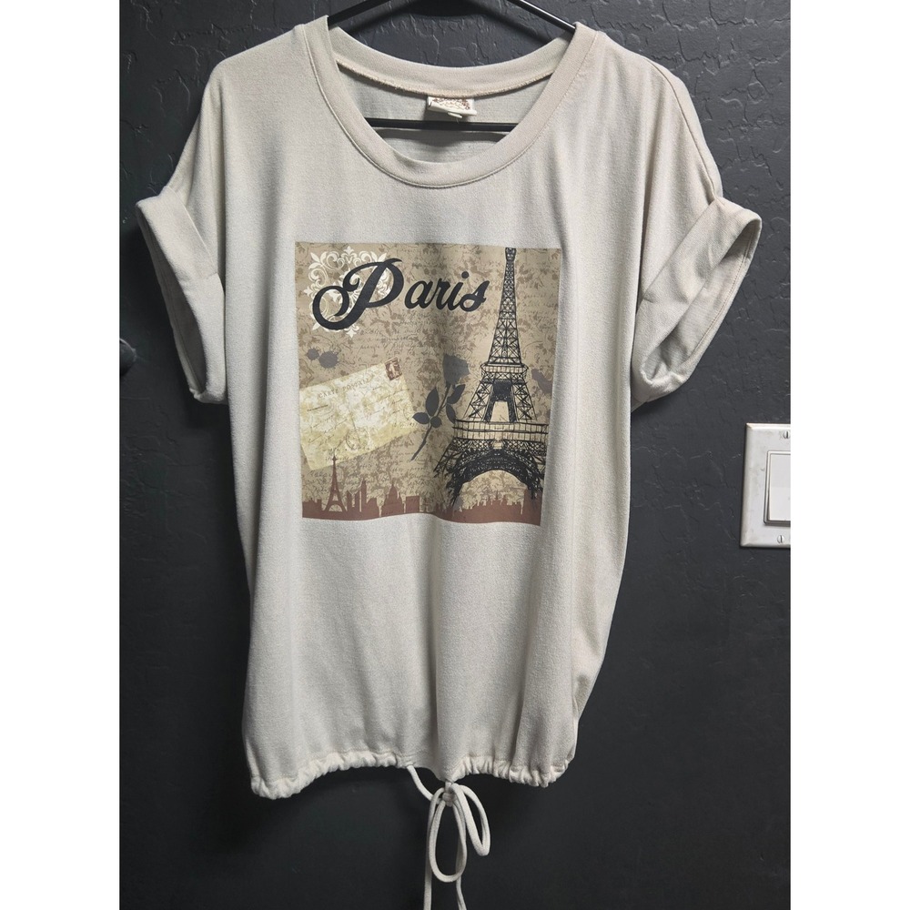 Truself Paris‎ Eiffel Tower Graphic Tee Cream Drawstring Hem Top Large